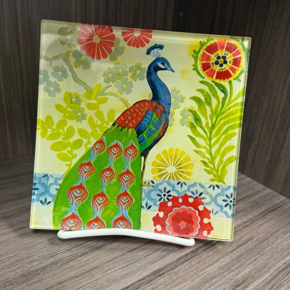 🦚 Prima Designs Jennifer Brinley Art Glass Peacock Square Trays Set of 4 Vintage - Picture 3 of 4